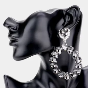 Large Black Diamond Crystal Teardrop Hoop Pageant Earrings  | 488650