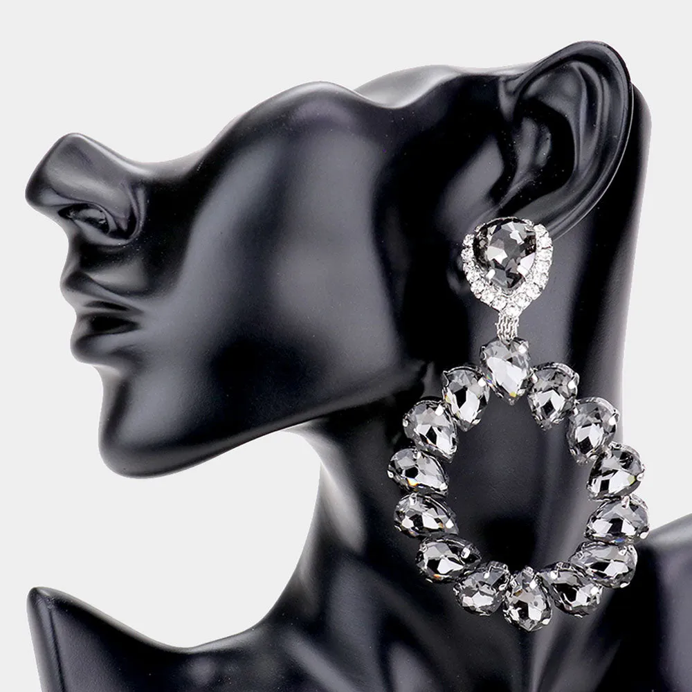 Large Black Diamond Crystal Teardrop Hoop Pageant Earrings  | 488650