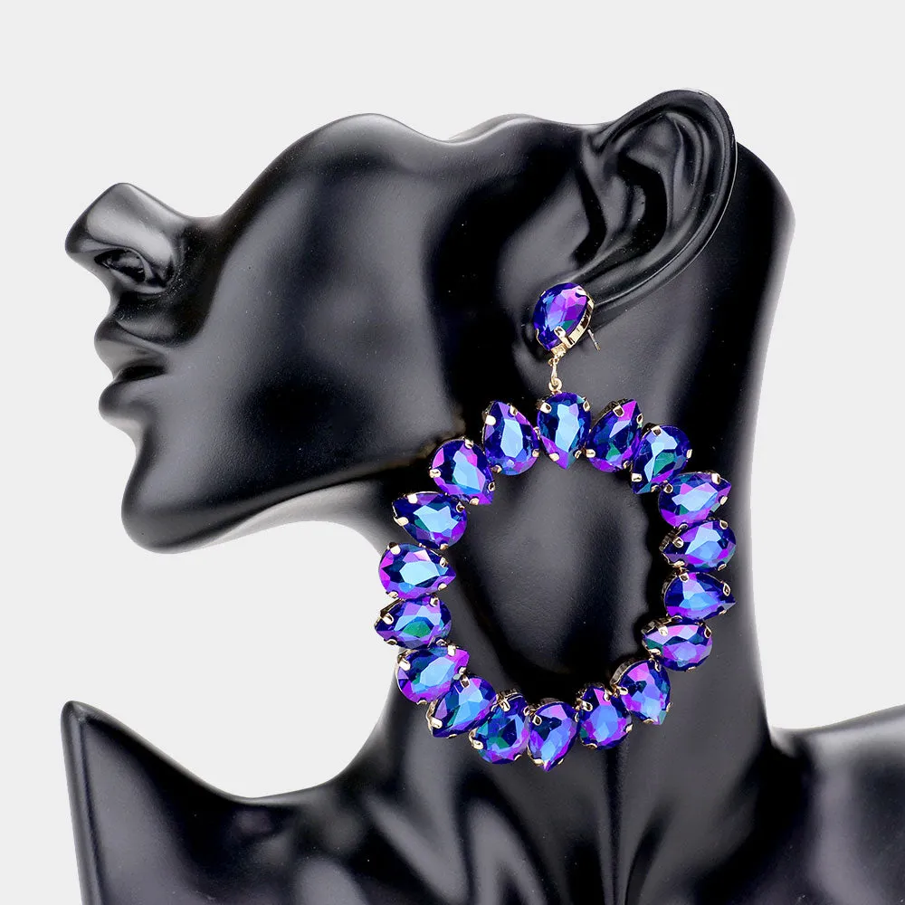 Large Blue AB Crystal Teardrop Round Pageant Earrings  | 491846
