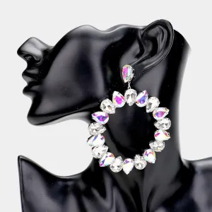 Large Clear and AB Teardrop Round Pageant Earrings on Silver | 447188