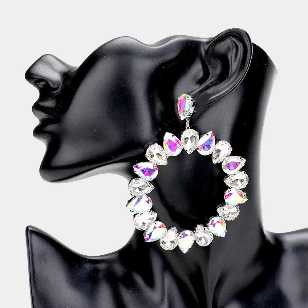Large Clear and AB Teardrop Round Pageant Earrings on Silver | 447188