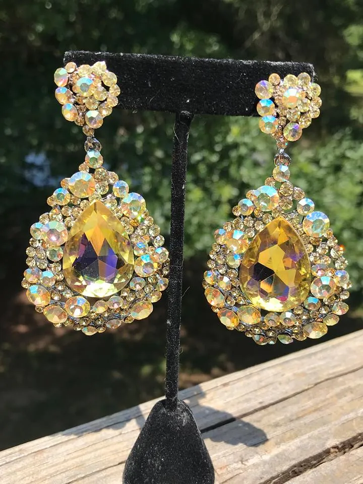 Large Yellow Crystal Earrings on Silver | Yellow Pageant Chunky Earrings | H202-7