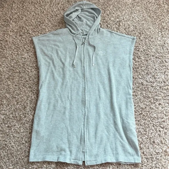 Lauren Ralph Lauren Preppy Knit Gray Hooded Sleeveless Zip-Up Sporty Vest Sz XL