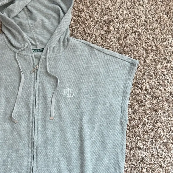 Lauren Ralph Lauren Preppy Knit Gray Hooded Sleeveless Zip-Up Sporty Vest Sz XL