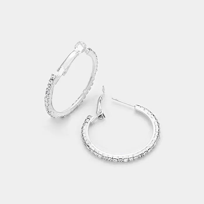 Little Girls Clear Rhinestone Crystal Hoop Earrings on Silver | 1 1/4" | 269212