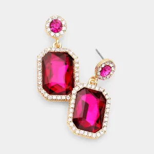 Little Girls Fuchsia Crystal Rectangle Pageant Earrings  | 446122