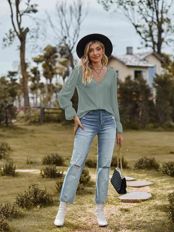 Loretta V-Neck Flounce Sleeve Blouse