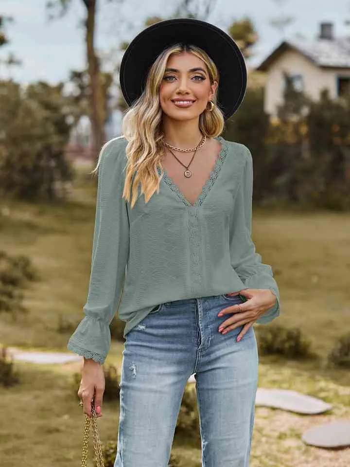 Loretta V-Neck Flounce Sleeve Blouse