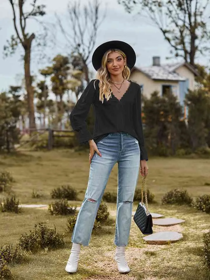 Loretta V-Neck Flounce Sleeve Blouse
