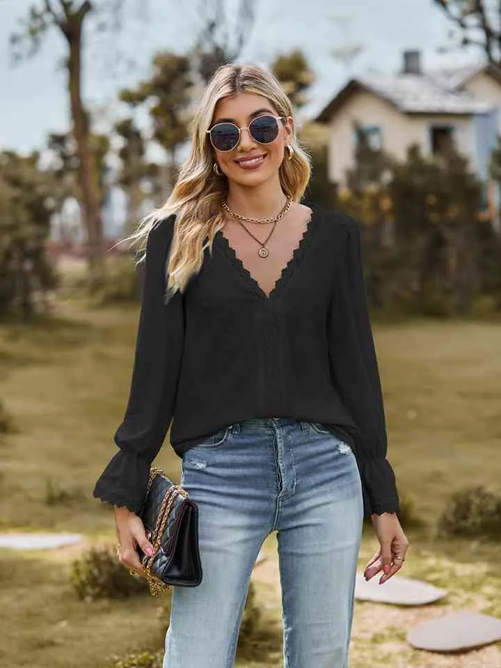 Loretta V-Neck Flounce Sleeve Blouse
