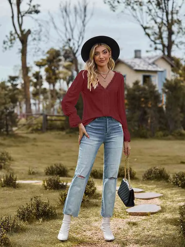 Loretta V-Neck Flounce Sleeve Blouse