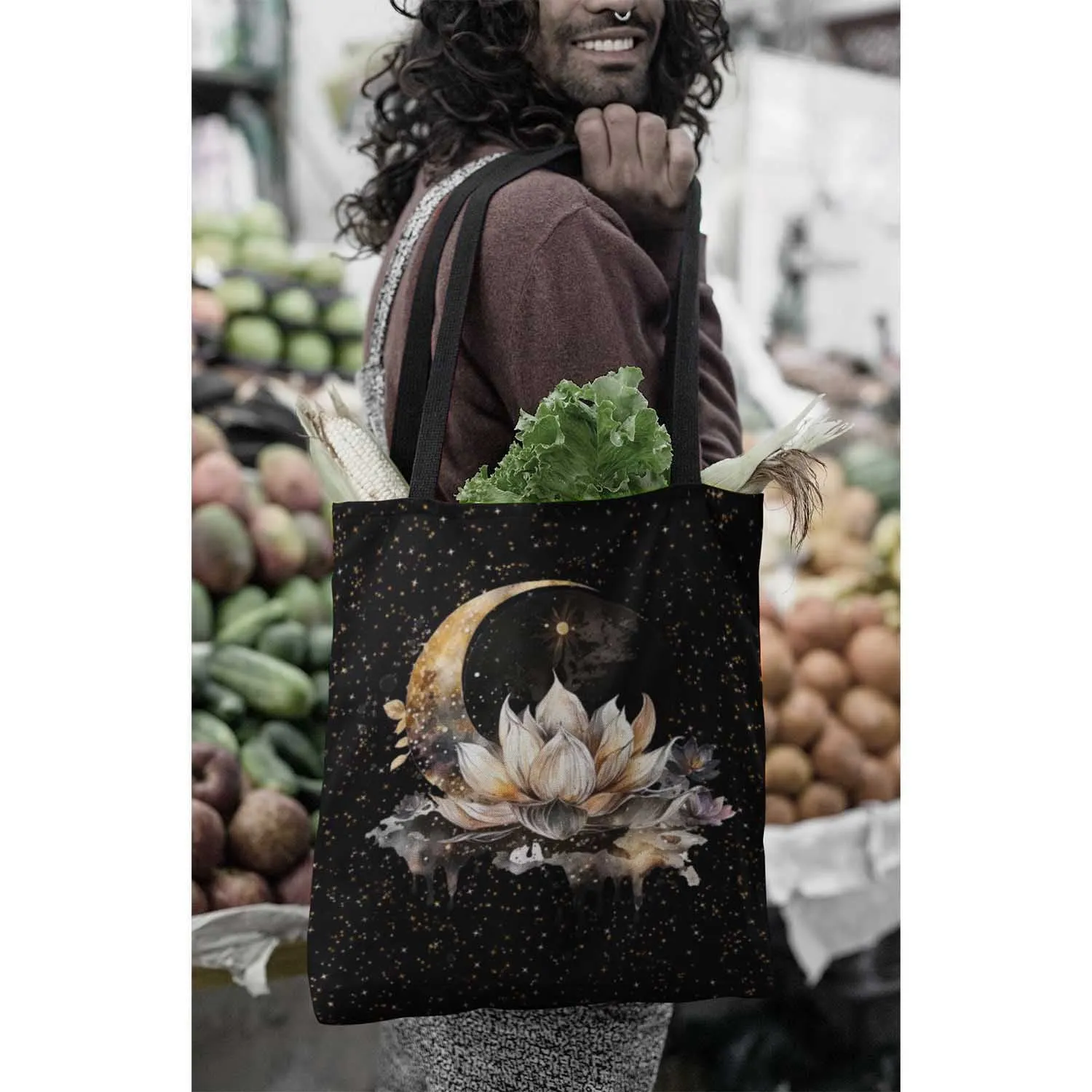 Lotus Moon Tote Bag, Dark Academia Bag, Witchy Bag