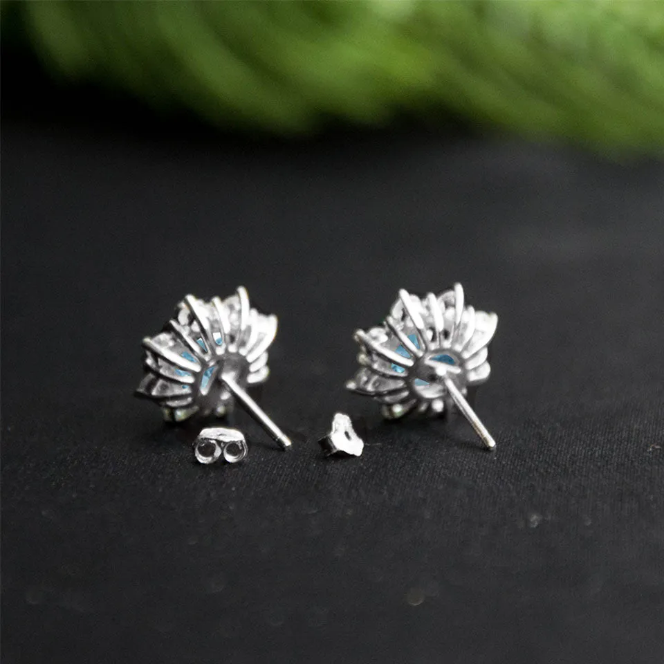 Luxe Natural Sky Blue Topaz Flower Stud Earrings