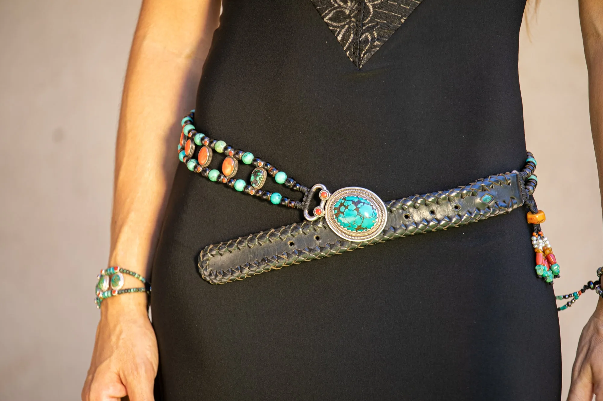 Luxurious coral amber turquoise beaded belt