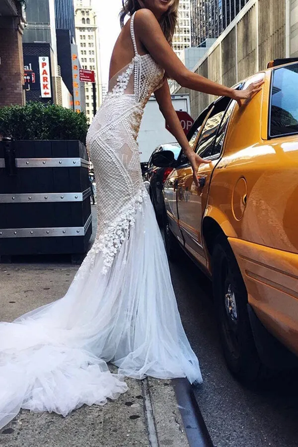 Luxurious Ivory Tulle Lace Mermaid Deep V-neck Wedding Dresses, SW375