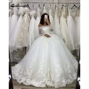 Luxurious White Lace Tulle Off the shoulder Long Sleeves