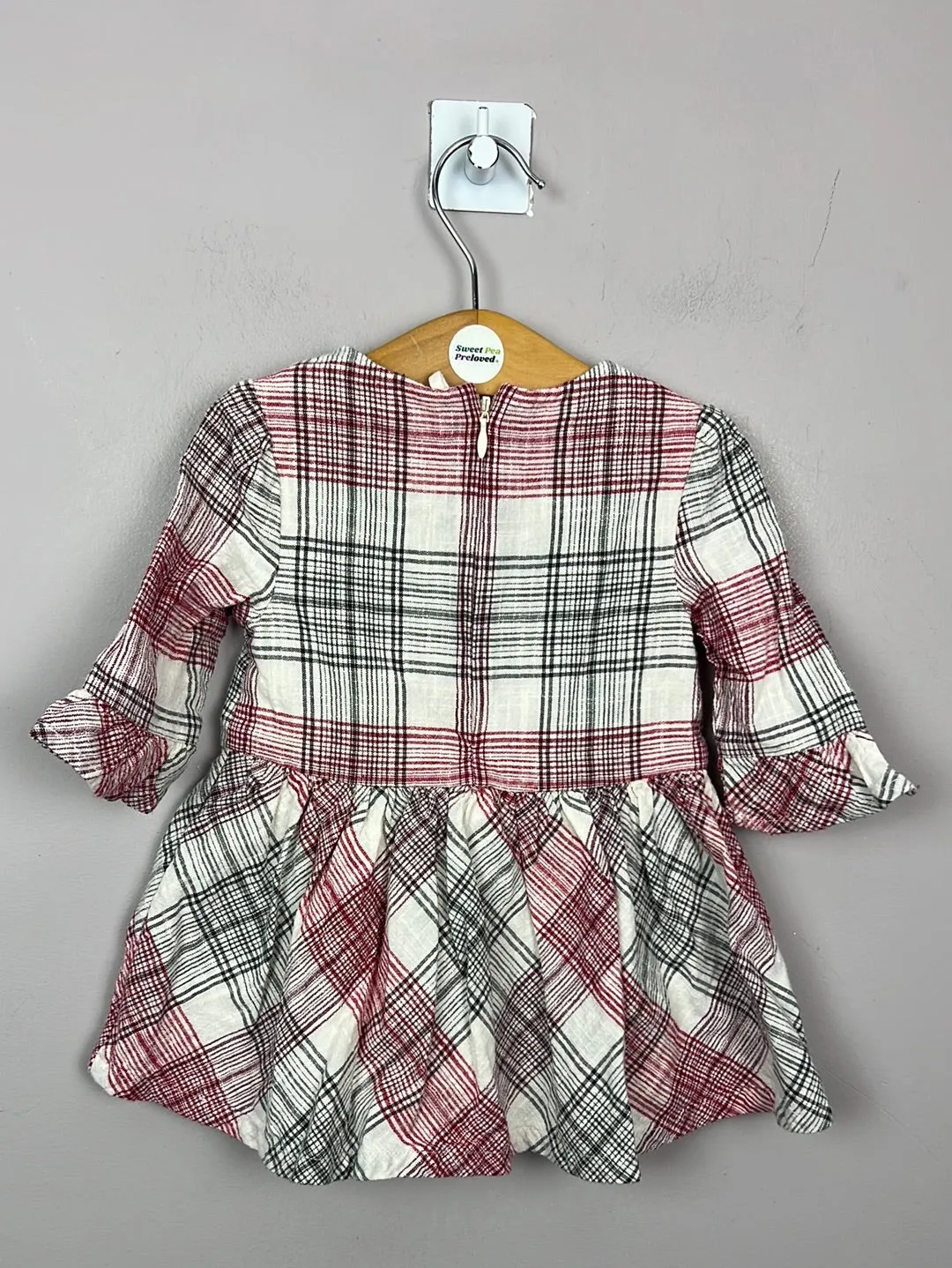 M&S red check embroidered dress 3-6m