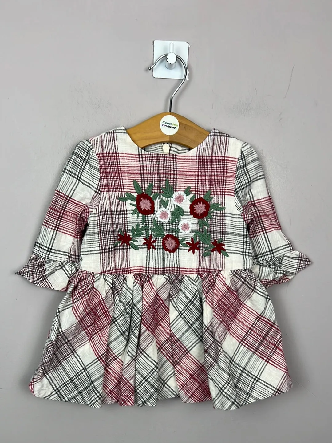 M&S red check embroidered dress 3-6m