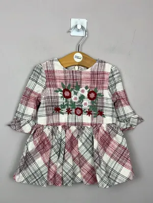 M&S red check embroidered dress 3-6m