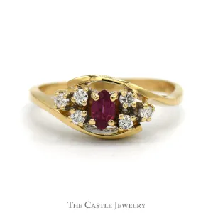 Marquise Cut Ruby Ring with Diamond Cluster Accents in 14k Yellow Gold