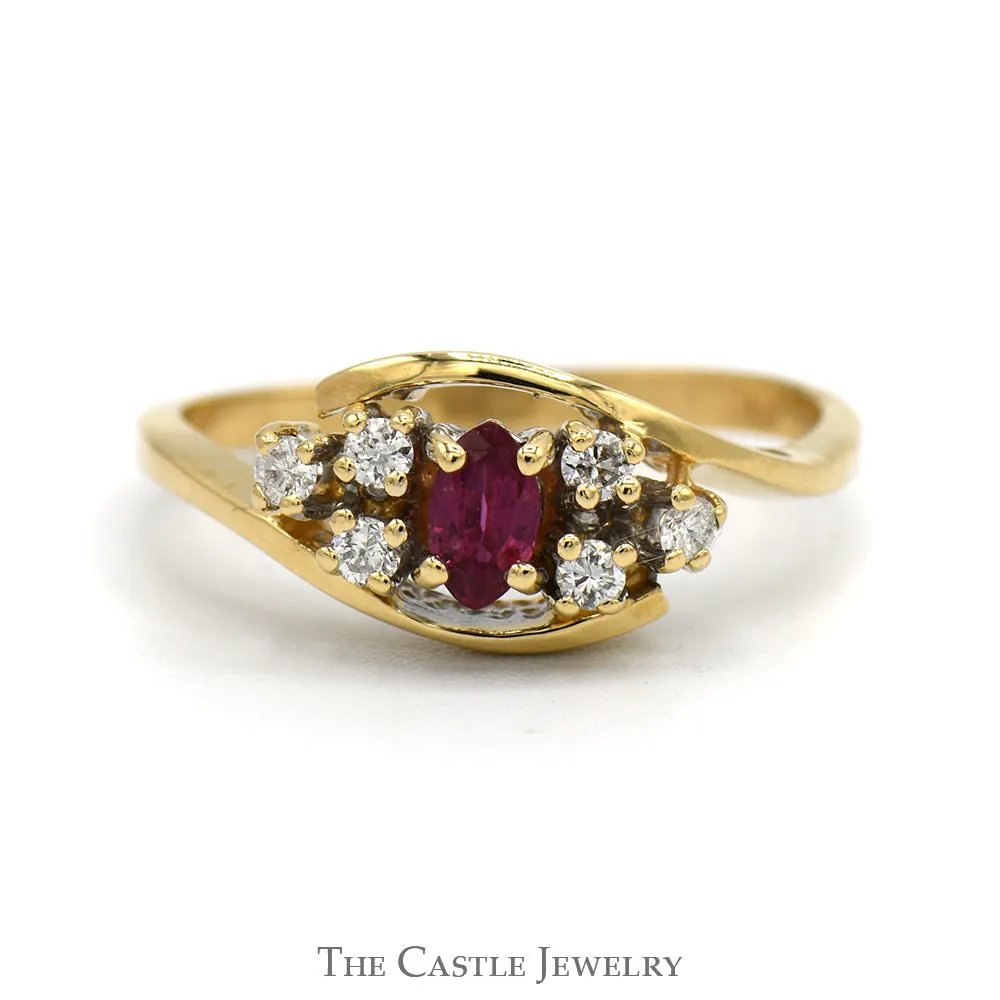 Marquise Cut Ruby Ring with Diamond Cluster Accents in 14k Yellow Gold