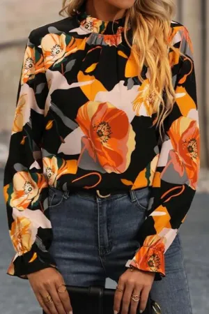Meilani Floral Mock Neck Flounce Sleeve Blouse