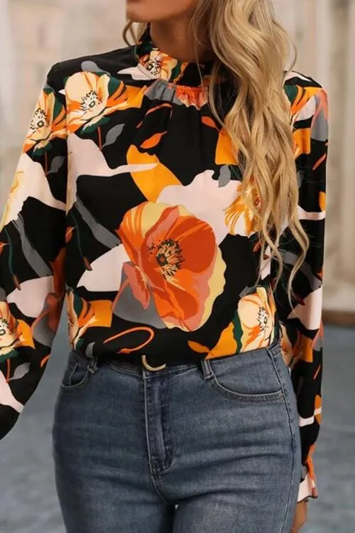 Meilani Floral Mock Neck Flounce Sleeve Blouse