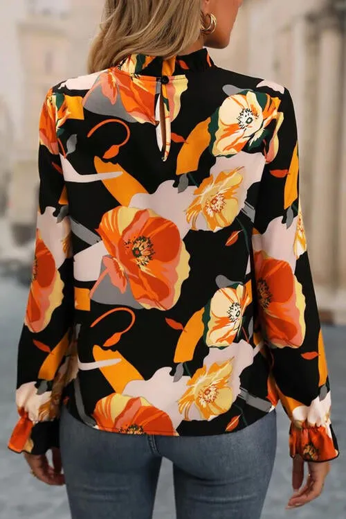 Meilani Floral Mock Neck Flounce Sleeve Blouse