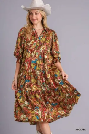 Mocha Satin Tiered Paisley Midi Dress