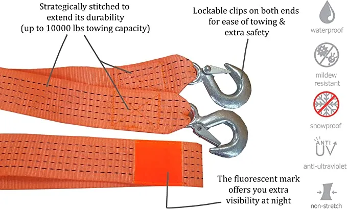 New ESKAA 2inch Reinforced Heavy Duty Tow Strap with Hooks (10ft)
