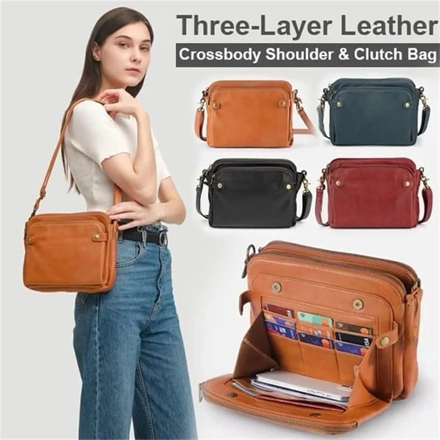 NEW NAVY BLUE Gpmsign Crossbody Bag, Gpmsign-Fashion Anti Theft Leather Bag, PU Leather Shoulder Bags and Clutches, 3 Layer Crossbody Leather Shoulder Bag