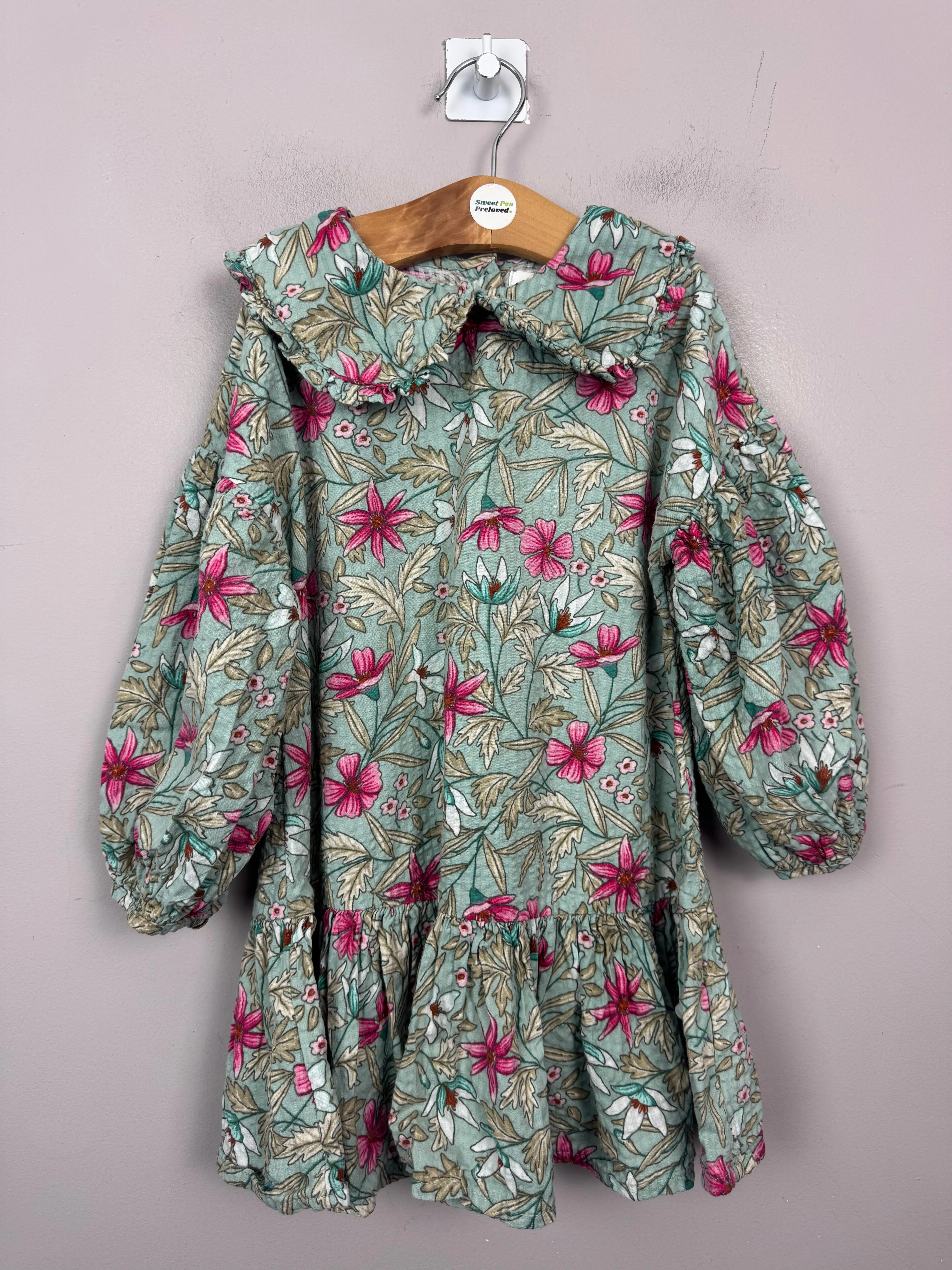 Next Aqua Floral Dress with statement collar 2-3y
