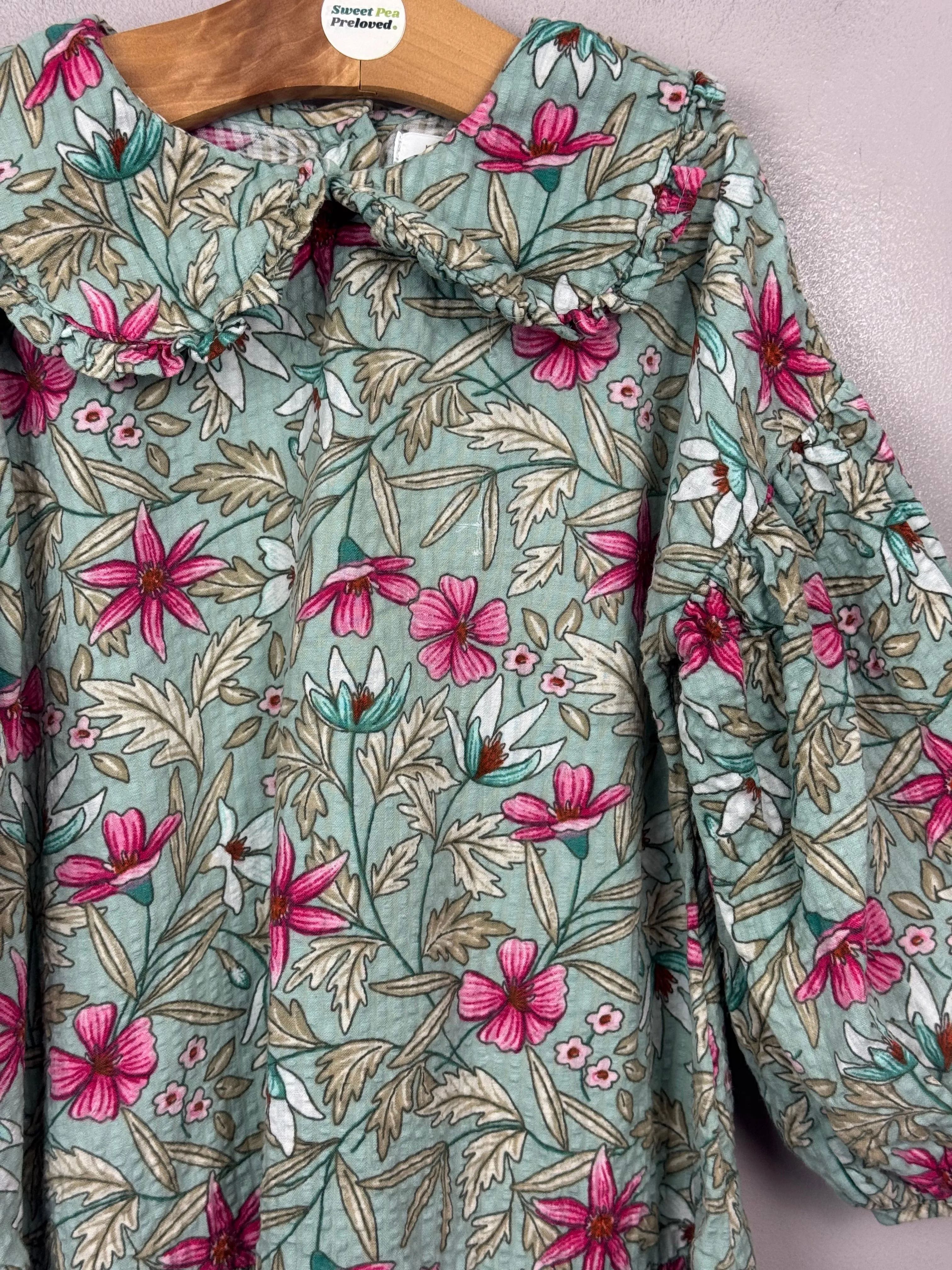 Next Aqua Floral Dress with statement collar 2-3y