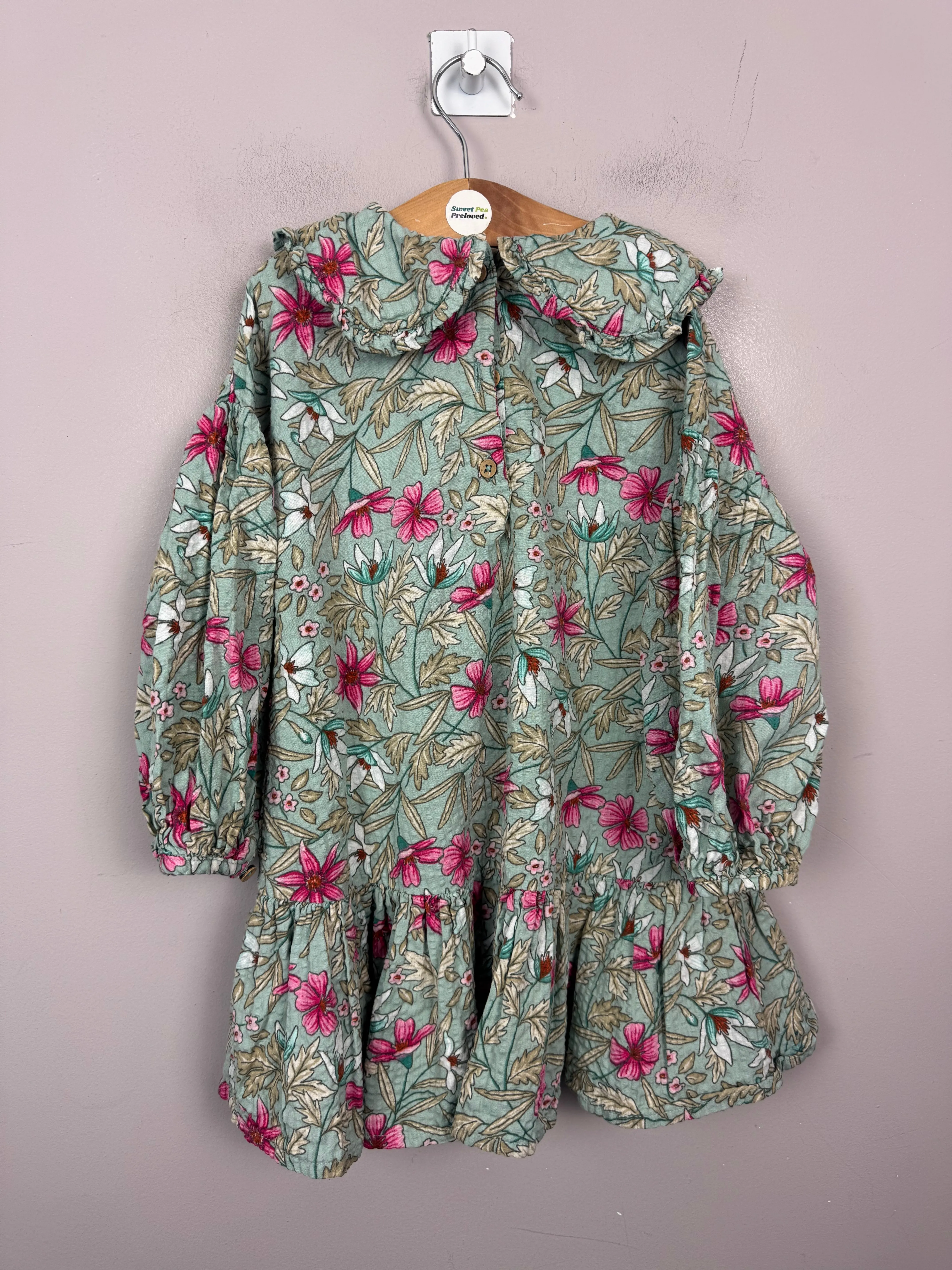 Next Aqua Floral Dress with statement collar 2-3y