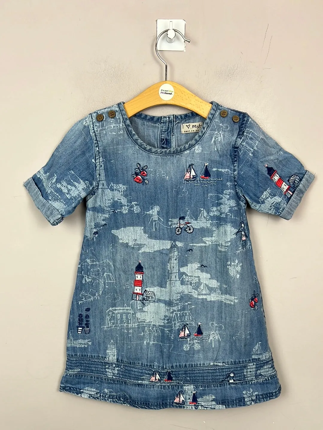 Next sail boat embroidered denim dress 3-4y