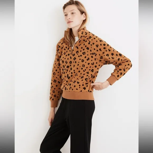 NWT Madewell MWL Betterfleece Half-Zip Sweatshirt in Cheetah Print XS