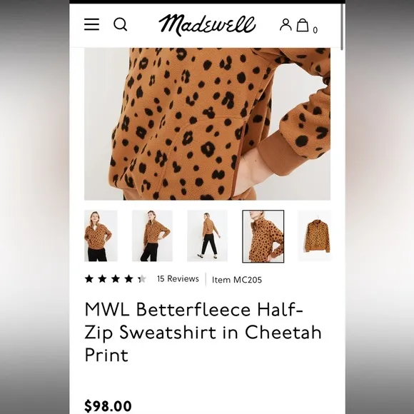 NWT Madewell MWL Betterfleece Half-Zip Sweatshirt in Cheetah Print XS