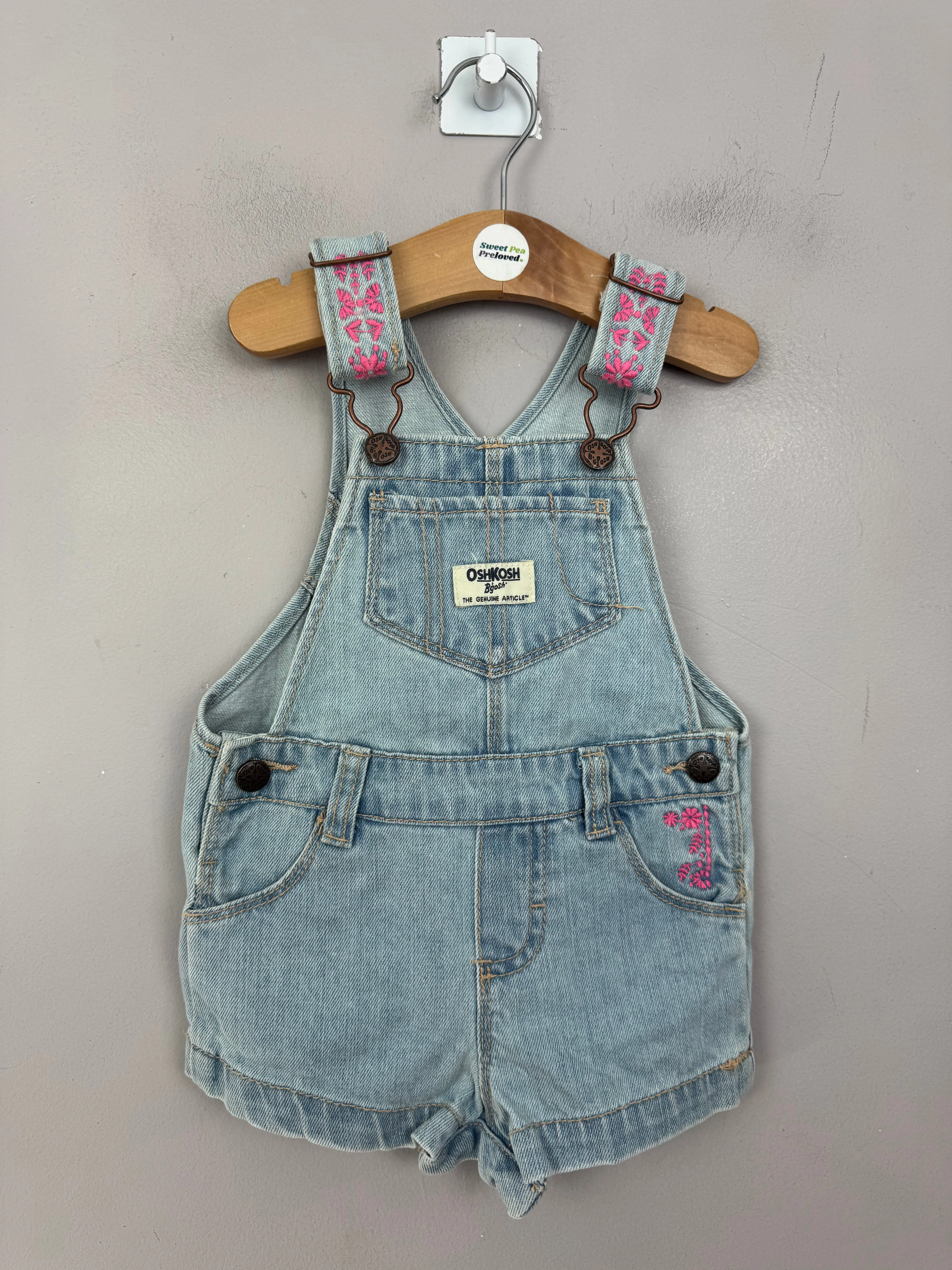 Oshkosh light denim pink embroidered short dungarees 9m