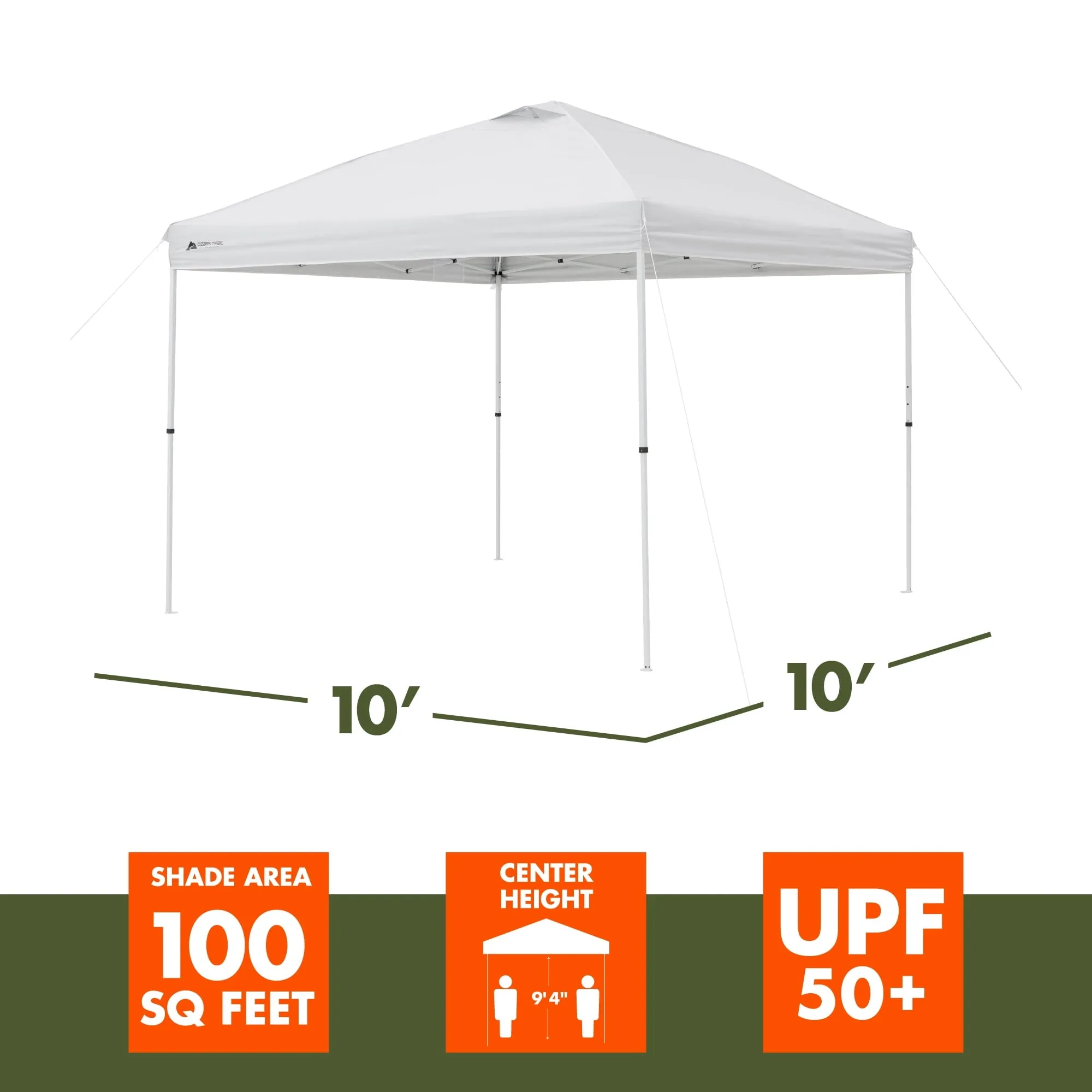 Ozark Trail Simple Push Straight Leg Instant Canopy, White, 10 ft x 10 ft - new