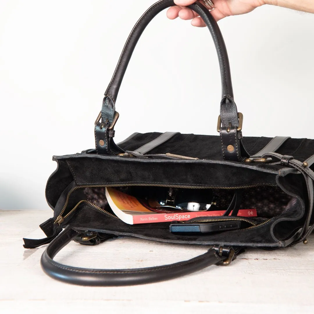 Paddock -  Custom Equestrian Halter Bracket Tote Bag in Italian Leather and Suede two tone Black on Black