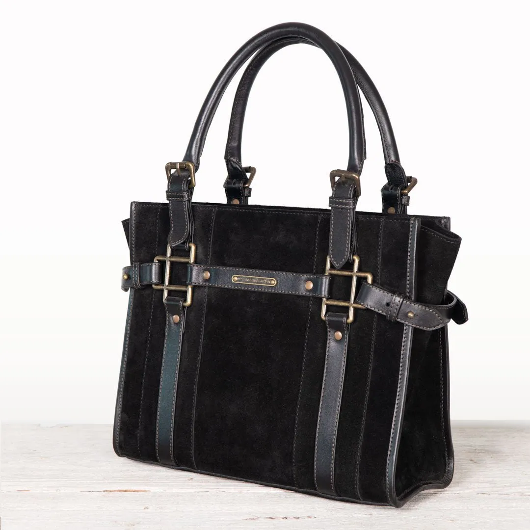 Paddock -  Custom Equestrian Halter Bracket Tote Bag in Italian Leather and Suede two tone Black on Black