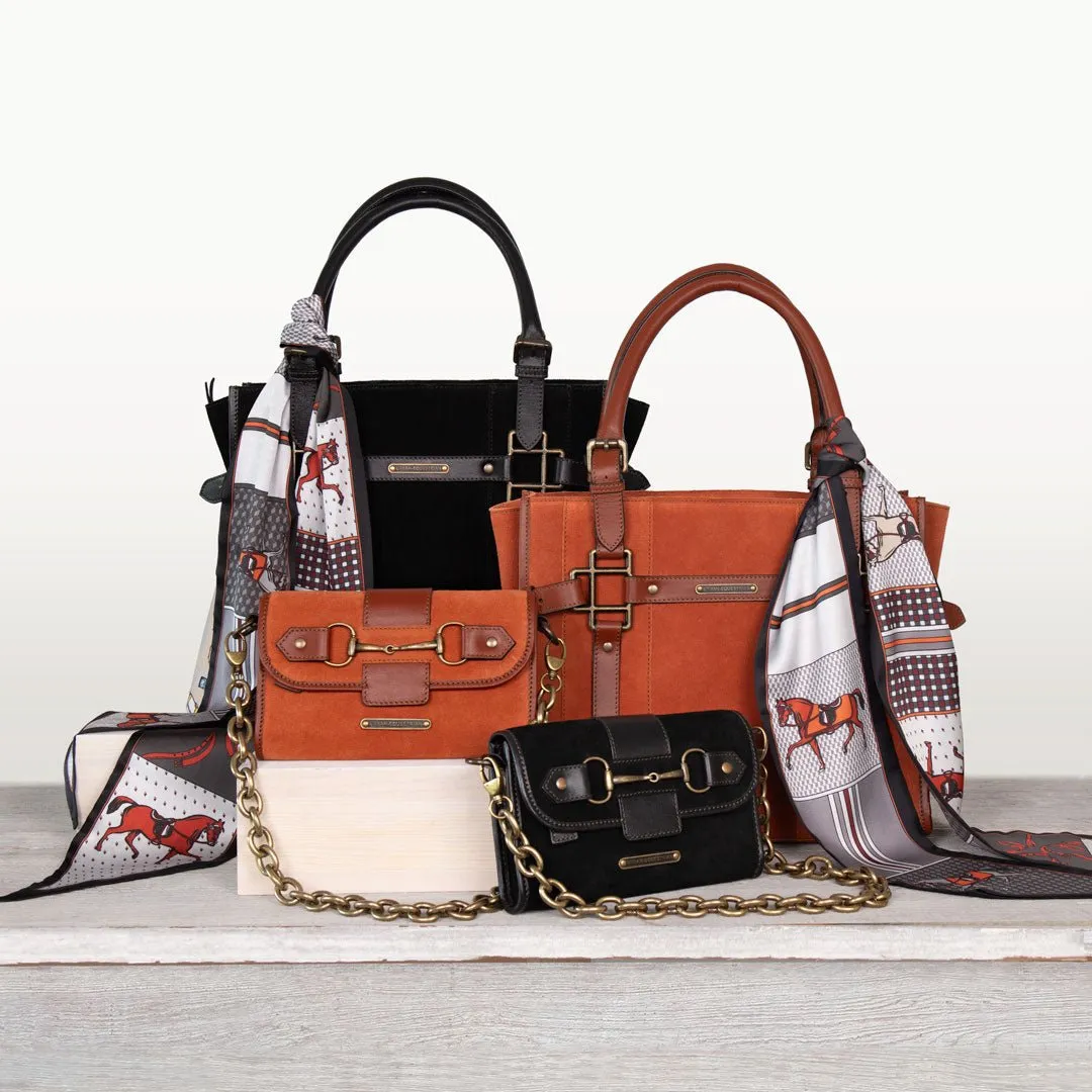 Paddock -  Custom Equestrian Halter Bracket Tote Bag in Italian Leather and Suede two tone Black on Black