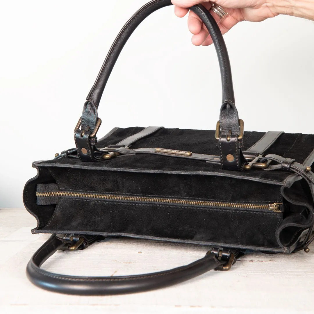 Paddock -  Custom Equestrian Halter Bracket Tote Bag in Italian Leather and Suede two tone Black on Black