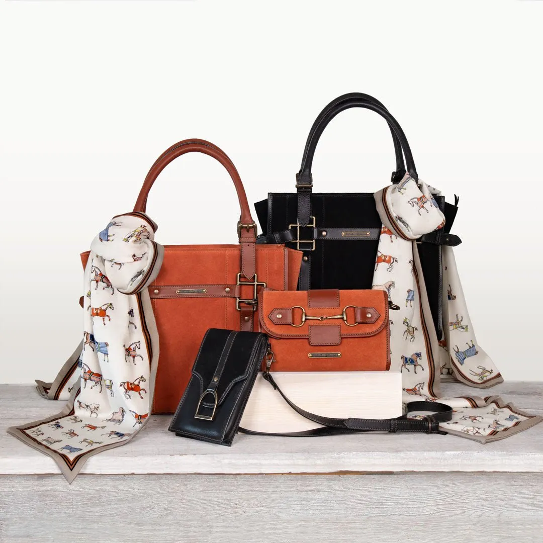 Paddock -  Custom Equestrian Halter Bracket Tote Bag in Italian Leather and Suede two tone Black on Black