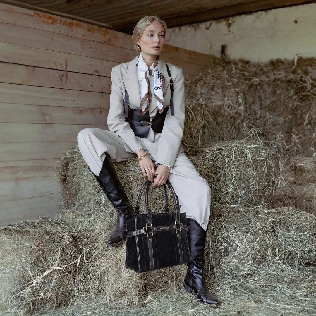 Paddock -  Custom Equestrian Halter Bracket Tote Bag in Italian Leather and Suede two tone Black on Black