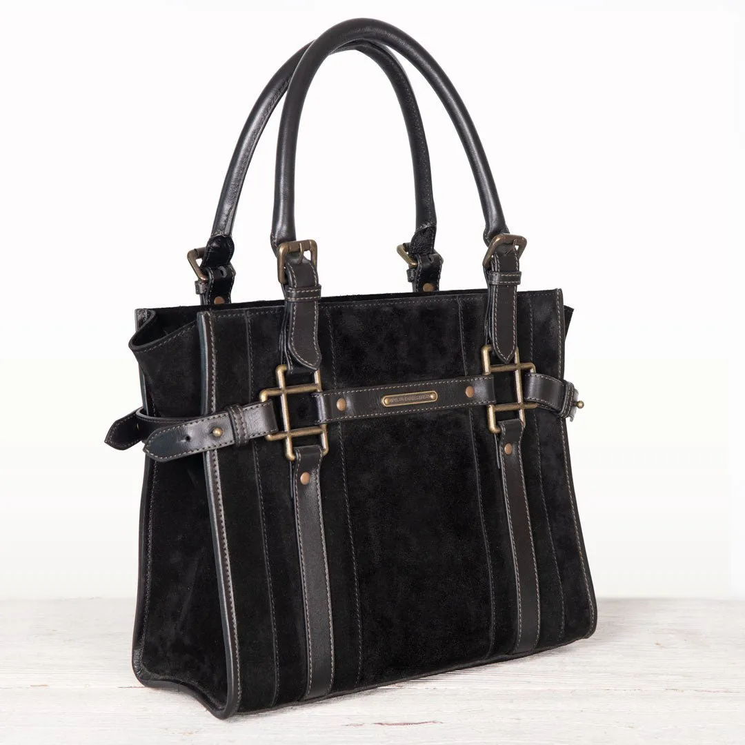 Paddock -  Custom Equestrian Halter Bracket Tote Bag in Italian Leather and Suede two tone Black on Black