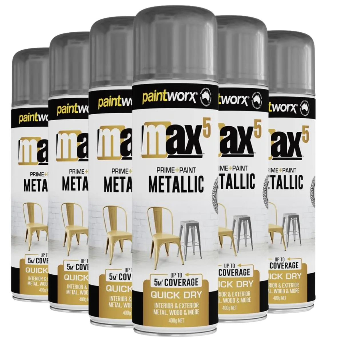 Paintworx MAX5 Metallic Spray Paint (Metallic Silver) - 6 Cans