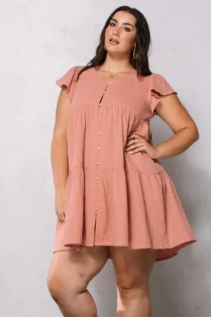 Peach Beige Double Linen Button Down Dress