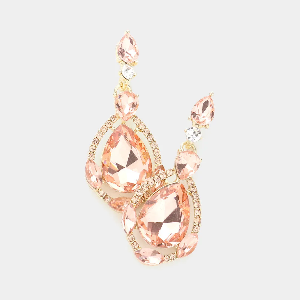 Peach Crystal and Rhinestone Teardrop Pageant Earrings | Prom Earrings | 413523