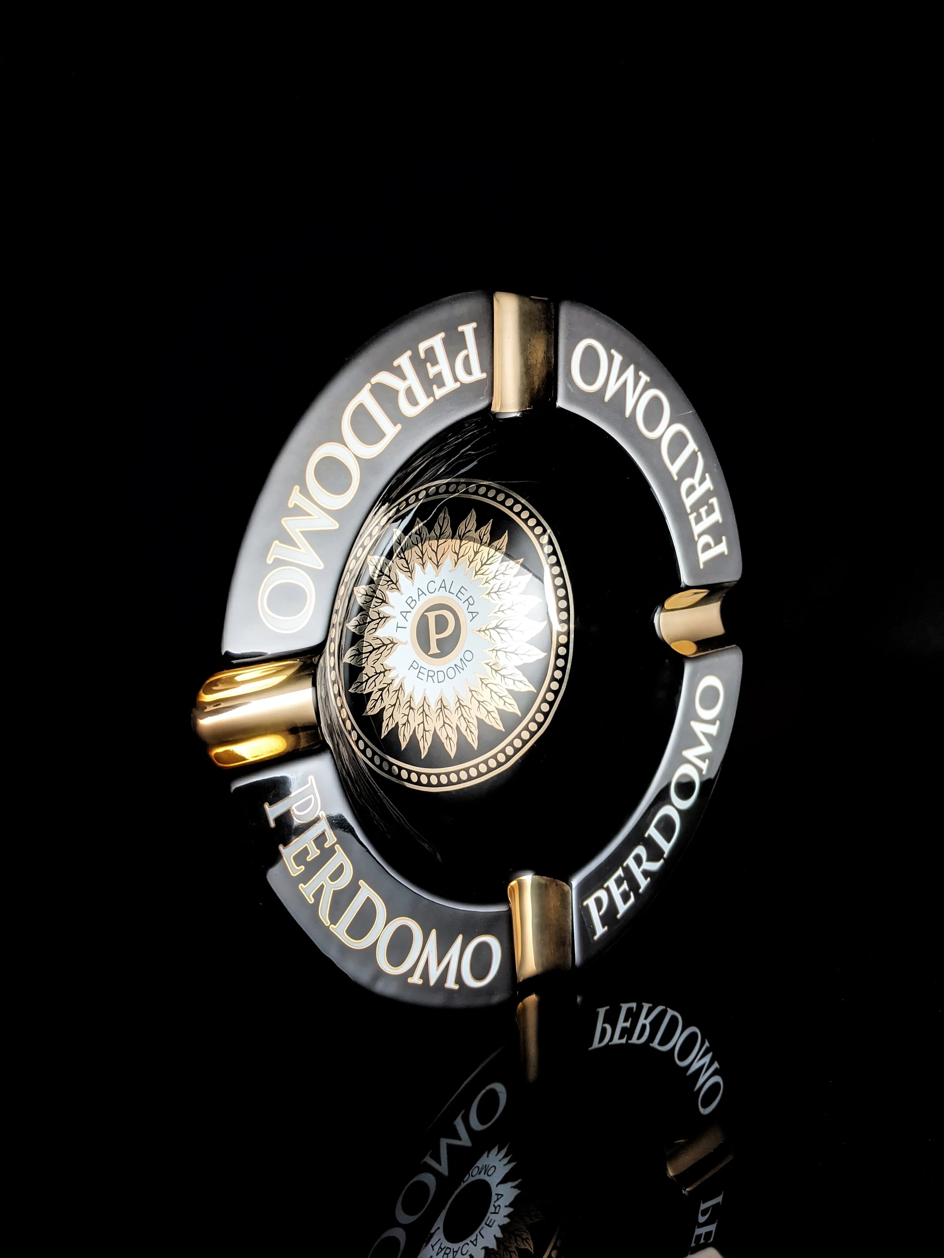 Perdomo Black and Gold Large Ceramic Ashtray 9" diameter NIB